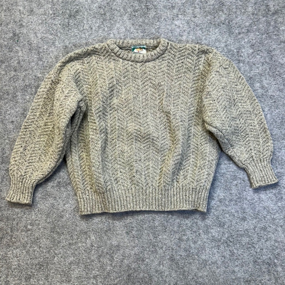 Gaeltarra Sweater Women Size Medium Gray Wool Irish Cable Knit Herringbone Crew